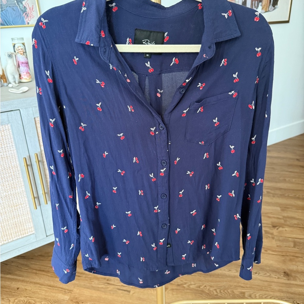 Nordstrom Rails Navy Button-Down Shirt with Red Cherry Print